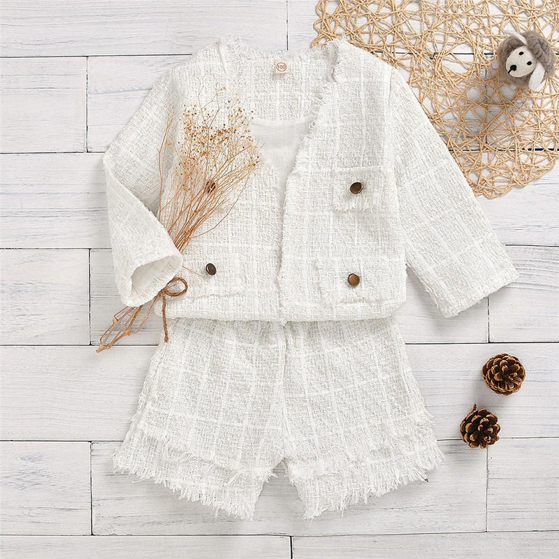 Girls White Button Long Sleeve Jacket & Tassel Shorts - PrettyKid