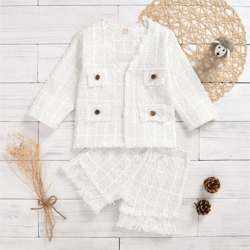 Girls White Button Long Sleeve Jacket & Tassel Shorts - PrettyKid