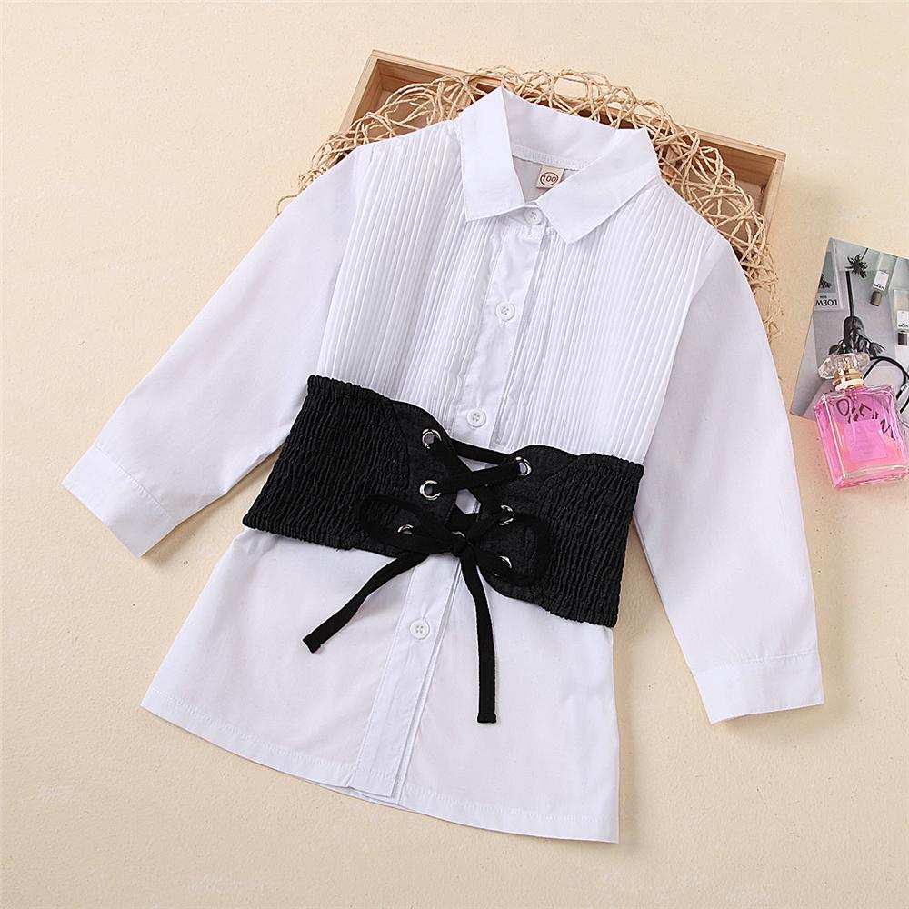 Girls White Long Sleeve Solid Blouse & Denim Tie-up Belt Wholesale Girls - PrettyKid