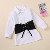 Girls White Long Sleeve Solid Blouse & Denim Tie-up Belt Wholesale Girls - PrettyKid