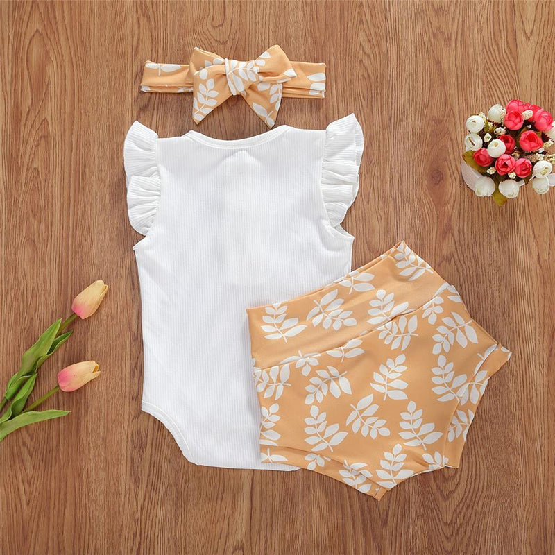 Baby Girls White Sleeveless Romper & Printed Shorts & Headband Baby clothing Wholesale Bulk - PrettyKid