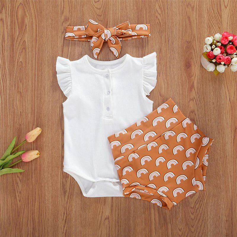 Baby Girls White Sleeveless Romper & Printed Shorts & Headband Baby clothing Wholesale Bulk - PrettyKid