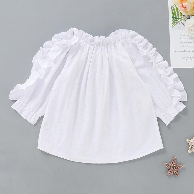 Girls White Waveselvedge Long Sleeve Blouse Wholesale Little Girl Clothing - PrettyKid