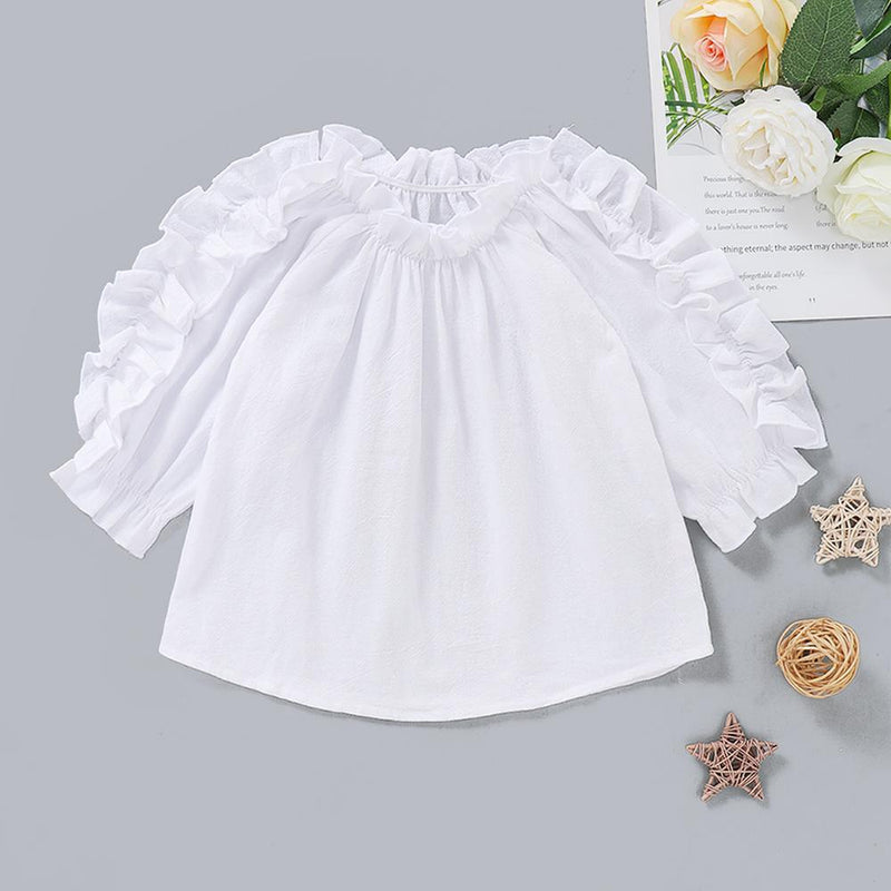 Girls White Waveselvedge Long Sleeve Blouse Wholesale Little Girl Clothing - PrettyKid