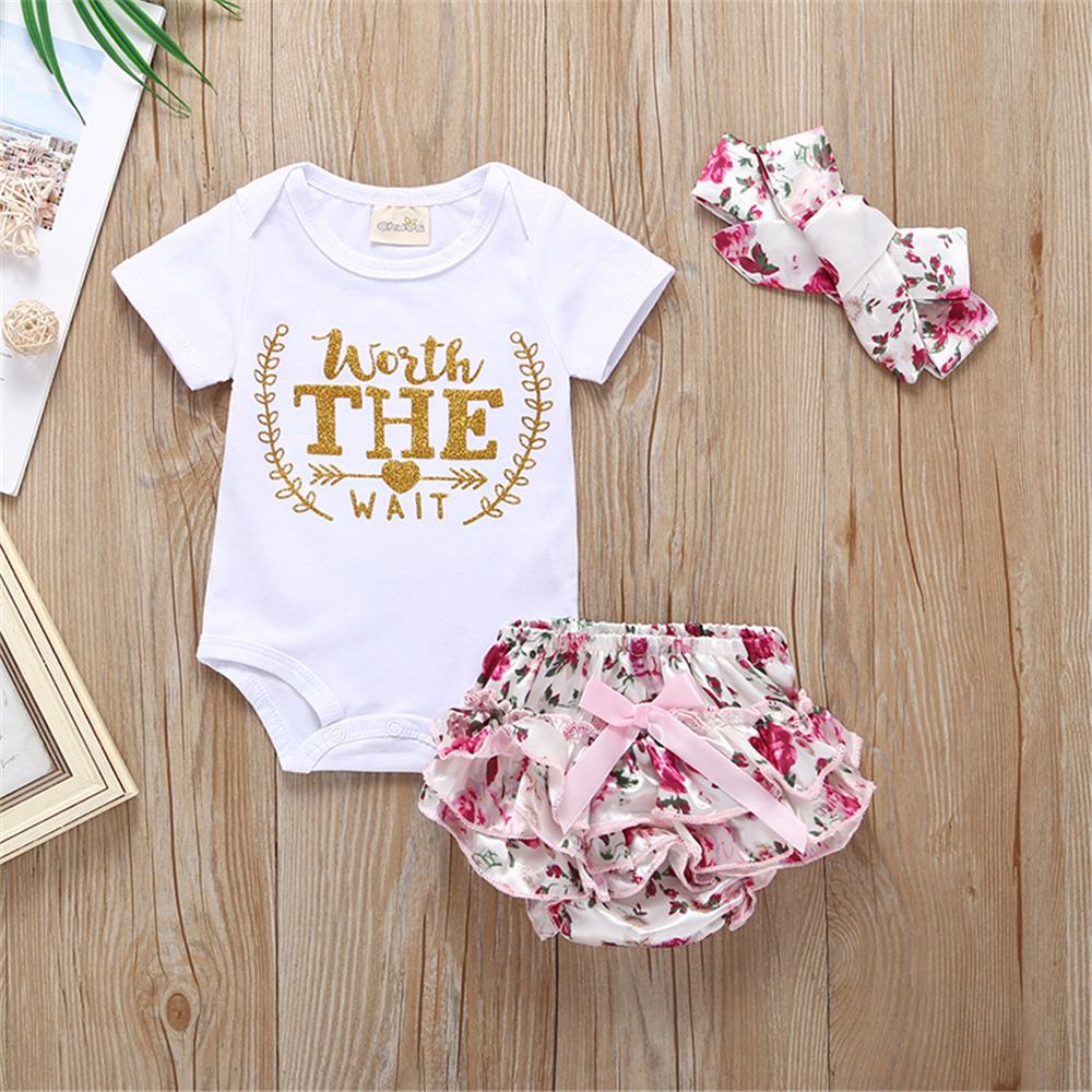 Baby Girls Worth The Wait Short Sleeve Romper & Floral Shorts & Headband Wholesale Baby clothing - PrettyKid