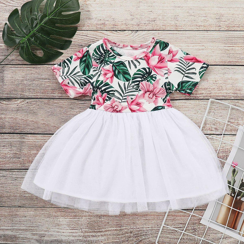 Toddler Girls Short Sleeve Floral Princess Skirt Mesh Tutu - PrettyKid