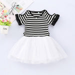 Toddler Girl Cotton Black And White Striped Off Shoulder Mesh Dress - PrettyKid