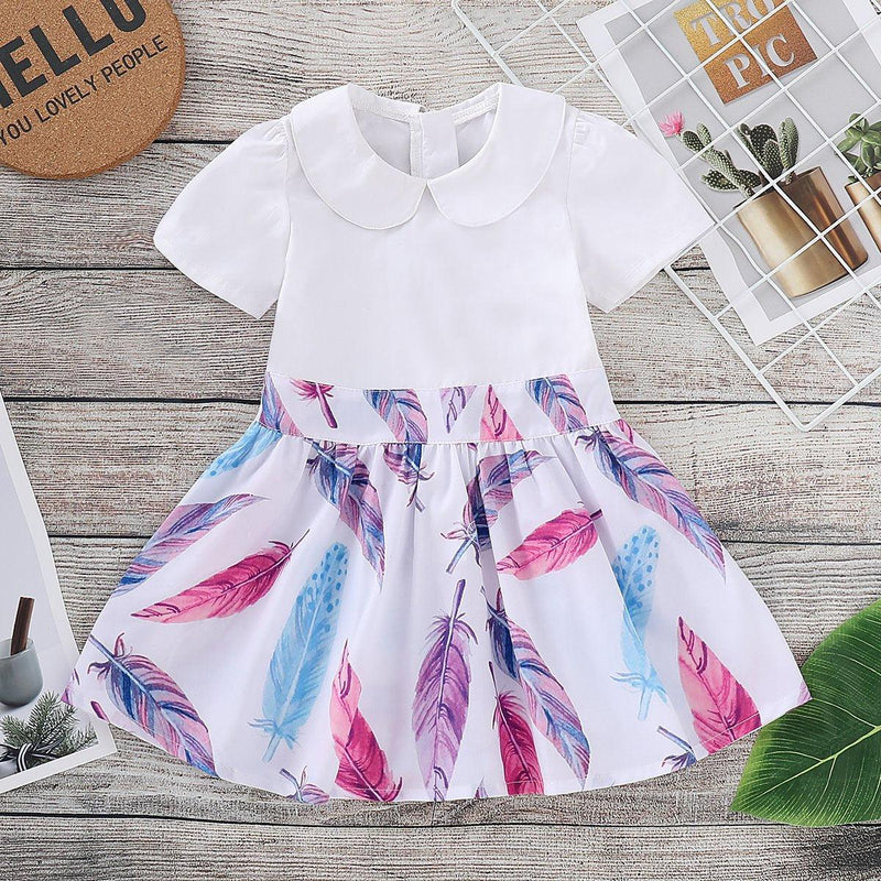 Toddler Girl Doll Collar Short Sleeve Feather Zip Dress - PrettyKid