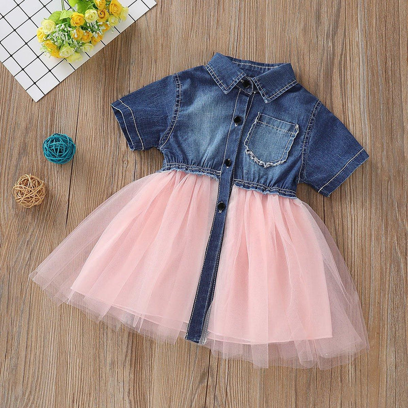 Toddler Girls Short Sleeve Denim Splice Mesh Pleated Skirt - PrettyKid