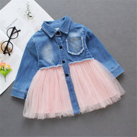 Toddler Girls Long Sleeve Lapel Denim Splice Mesh Dress - PrettyKid