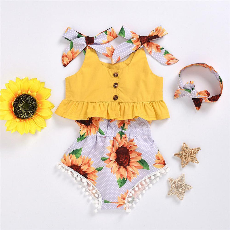 Baby Girls Yellow Bow Decor Sleeveless Top & Sunflower Shorts & Headband Baby Clothing Cheap Wholesale - PrettyKid