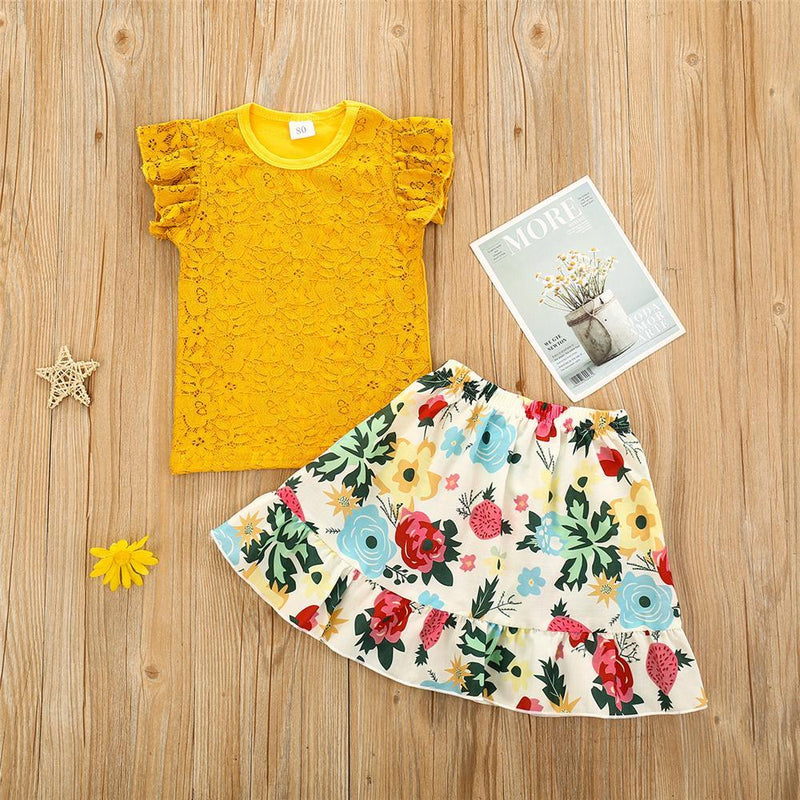 Girls Yellow Lace Sleeveless Top & Floral Skirt Kids Wholesale clothes - PrettyKid