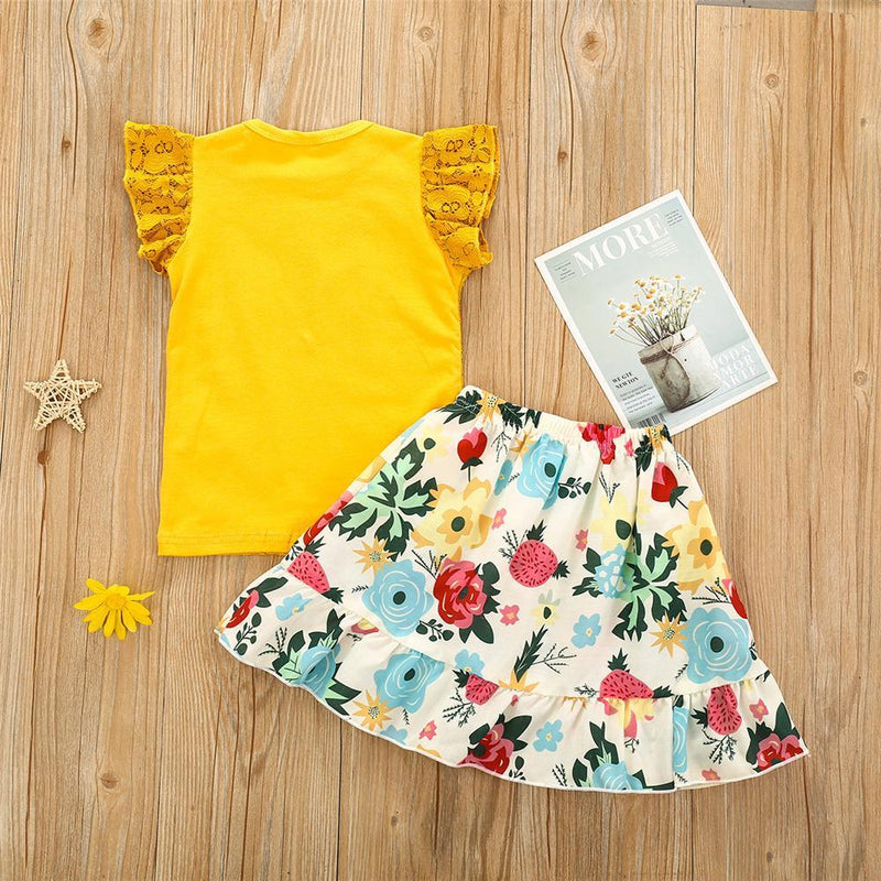 Girls Yellow Lace Sleeveless Top & Floral Skirt Kids Wholesale clothes - PrettyKid