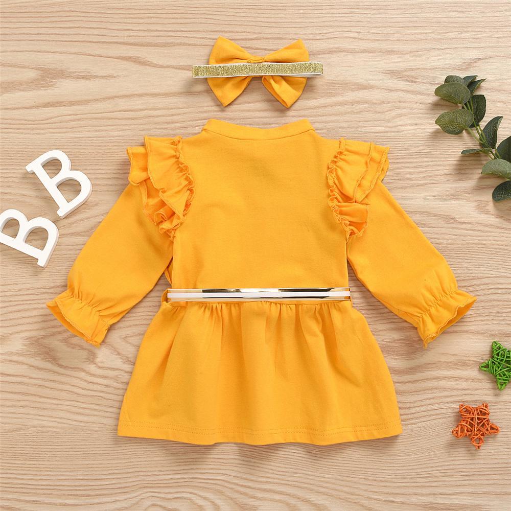 Girls Yellow Long Sleeve Bow Decor Dress & Headband Girls Dress Wholesale - PrettyKid