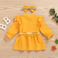 Girls Yellow Long Sleeve Bow Decor Dress & Headband Girls Dress Wholesale - PrettyKid