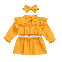 Girls Yellow Long Sleeve Bow Decor Dress & Headband Girls Dress Wholesale - PrettyKid
