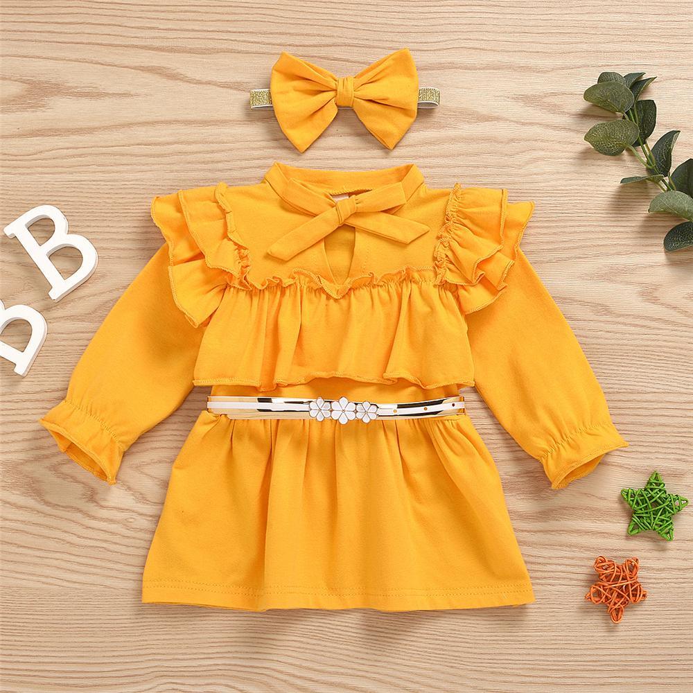 Girls Yellow Long Sleeve Bow Decor Dress & Headband Girls Dress Wholesale - PrettyKid
