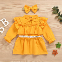 Girls Yellow Long Sleeve Bow Decor Dress & Headband Girls Dress Wholesale - PrettyKid