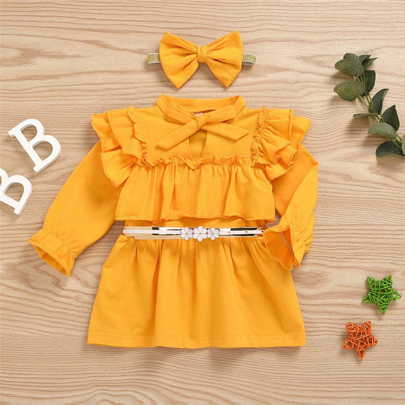 Girls Yellow Long Sleeve Bow Decor Dress & Headband Girls Dress Wholesale - PrettyKid