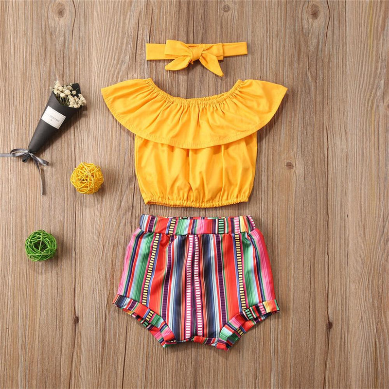Girls Yellow Lotus Leaf Collar Top & Striped Shorts & Headband Girls Boutique clothing Wholesale - PrettyKid