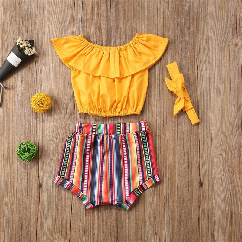 Girls Yellow Lotus Leaf Collar Top & Striped Shorts & Headband Girls Boutique clothing Wholesale - PrettyKid