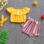 Girls Yellow Lotus Leaf Collar Top & Striped Shorts & Headband Girls Boutique clothing Wholesale - PrettyKid