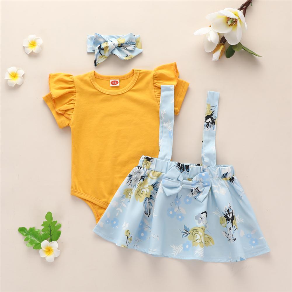 Baby Girls Yellow Short Sleeve Romper & Floral Suspender Skirt & Headband Baby clothes Warehouse - PrettyKid