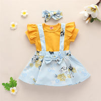 Baby Girls Yellow Short Sleeve Romper & Floral Suspender Skirt & Headband Baby clothes Warehouse - PrettyKid