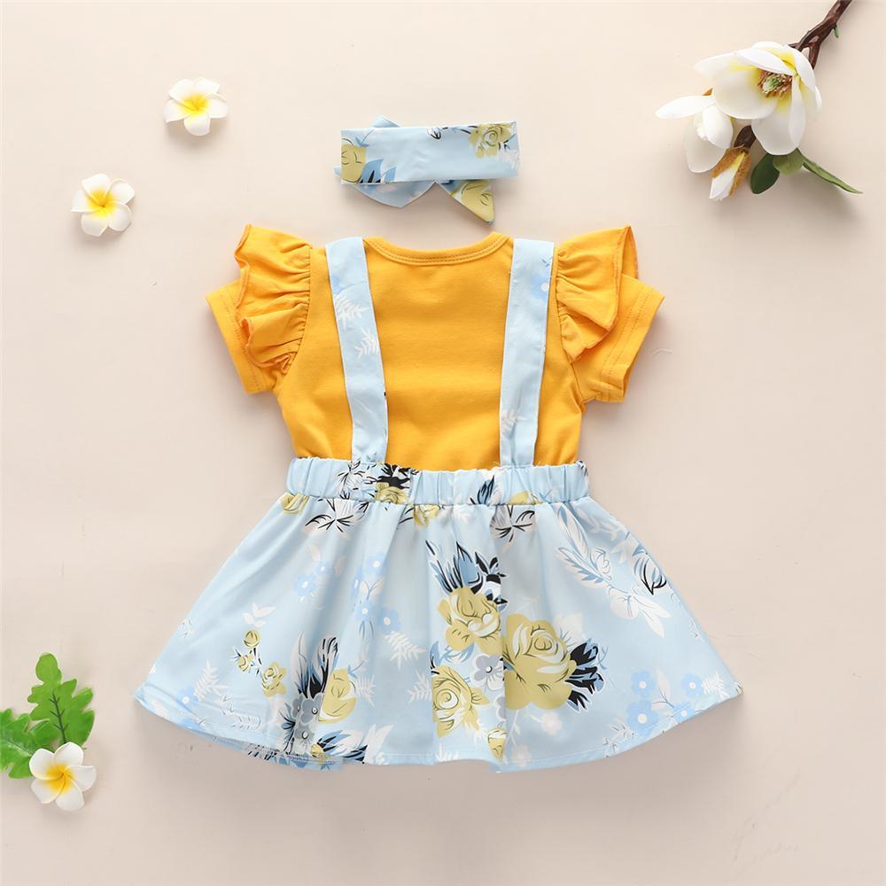 Baby Girls Yellow Short Sleeve Romper & Floral Suspender Skirt & Headband Baby clothes Warehouse - PrettyKid