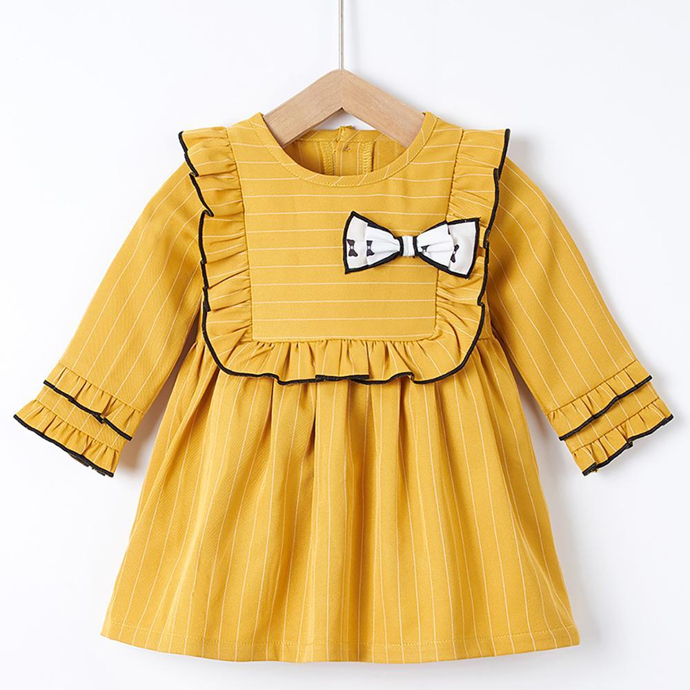 Baby Girls Yellow Striped Long Sleeve Dress Wholesale Baby Clothes - PrettyKid