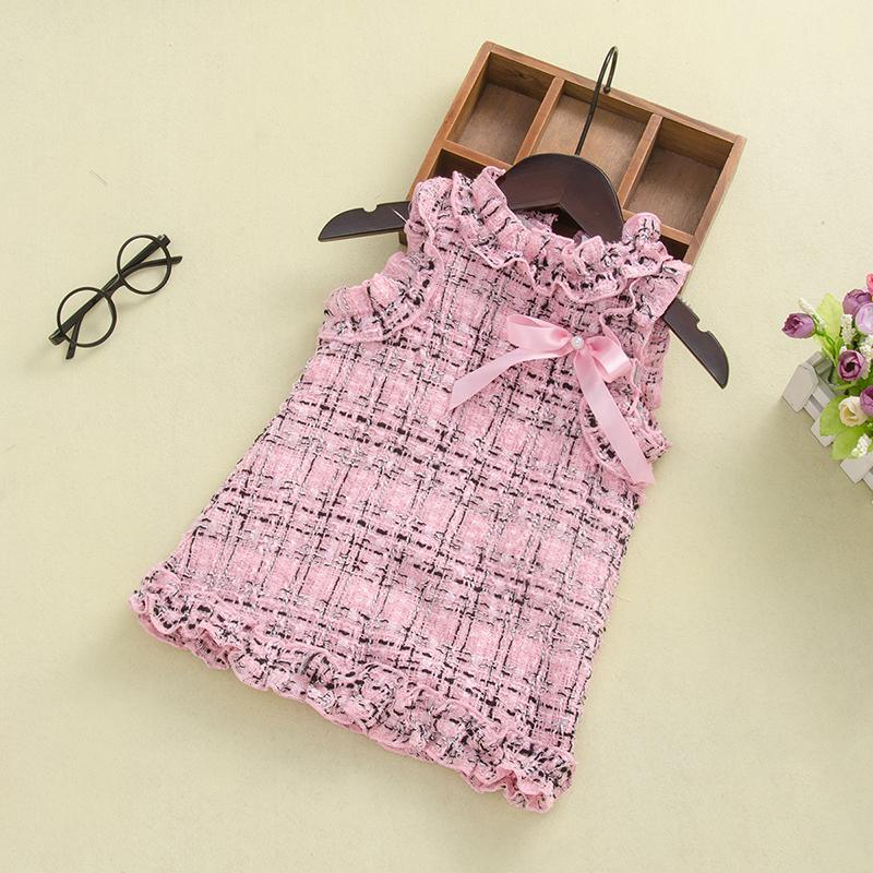 Fashionable Girl Sleeveless knitted Plaid Bow Dress - PrettyKid