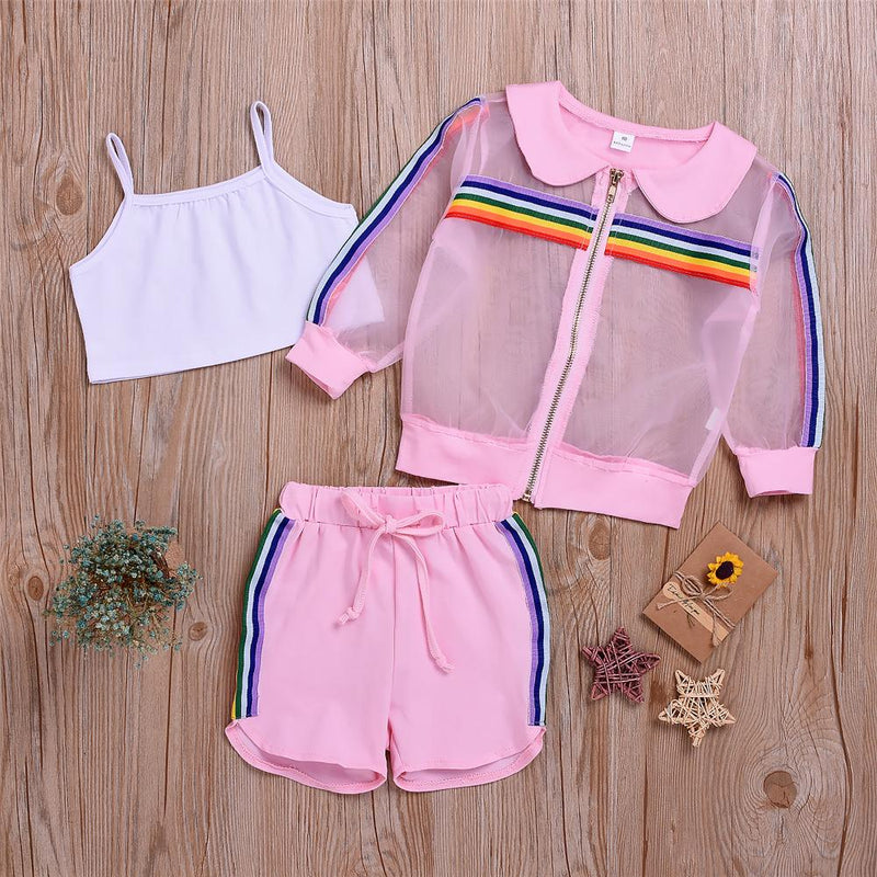 Girls Zipper Mesh Long Sleeve Jacket & Tank & Shorts Wholesale Girls Clothing - PrettyKid
