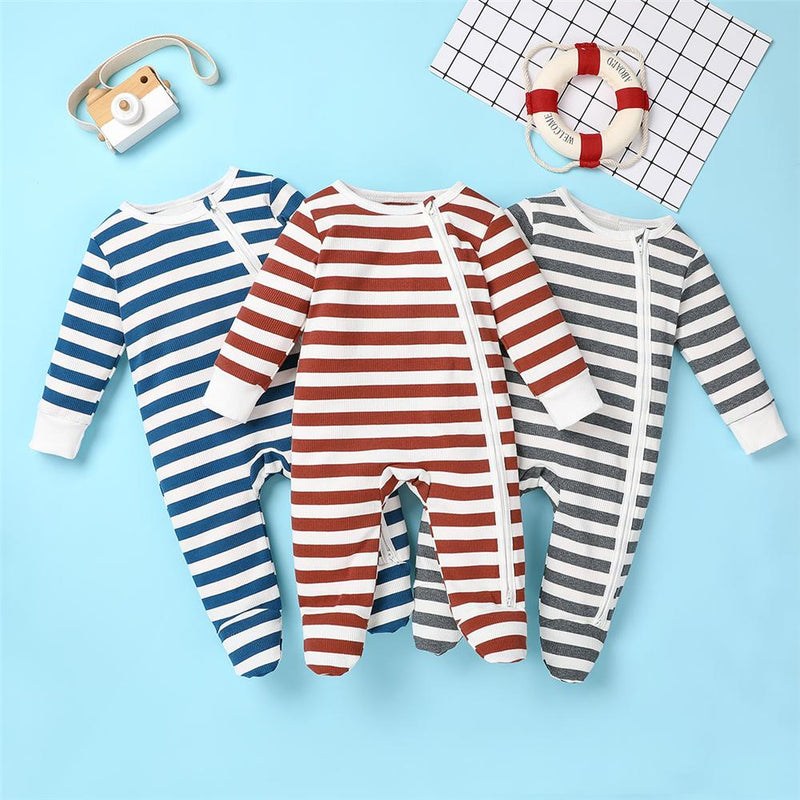 Baby Zipper Striped Long Sleeve Romper Baby Clothing Cheap Wholesale - PrettyKid