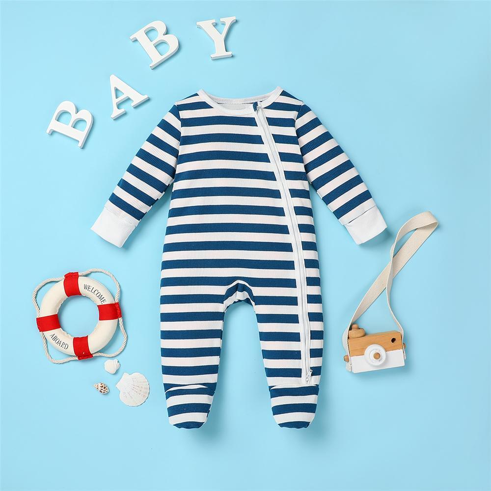 Baby Zipper Striped Long Sleeve Romper Baby Clothing Cheap Wholesale - PrettyKid