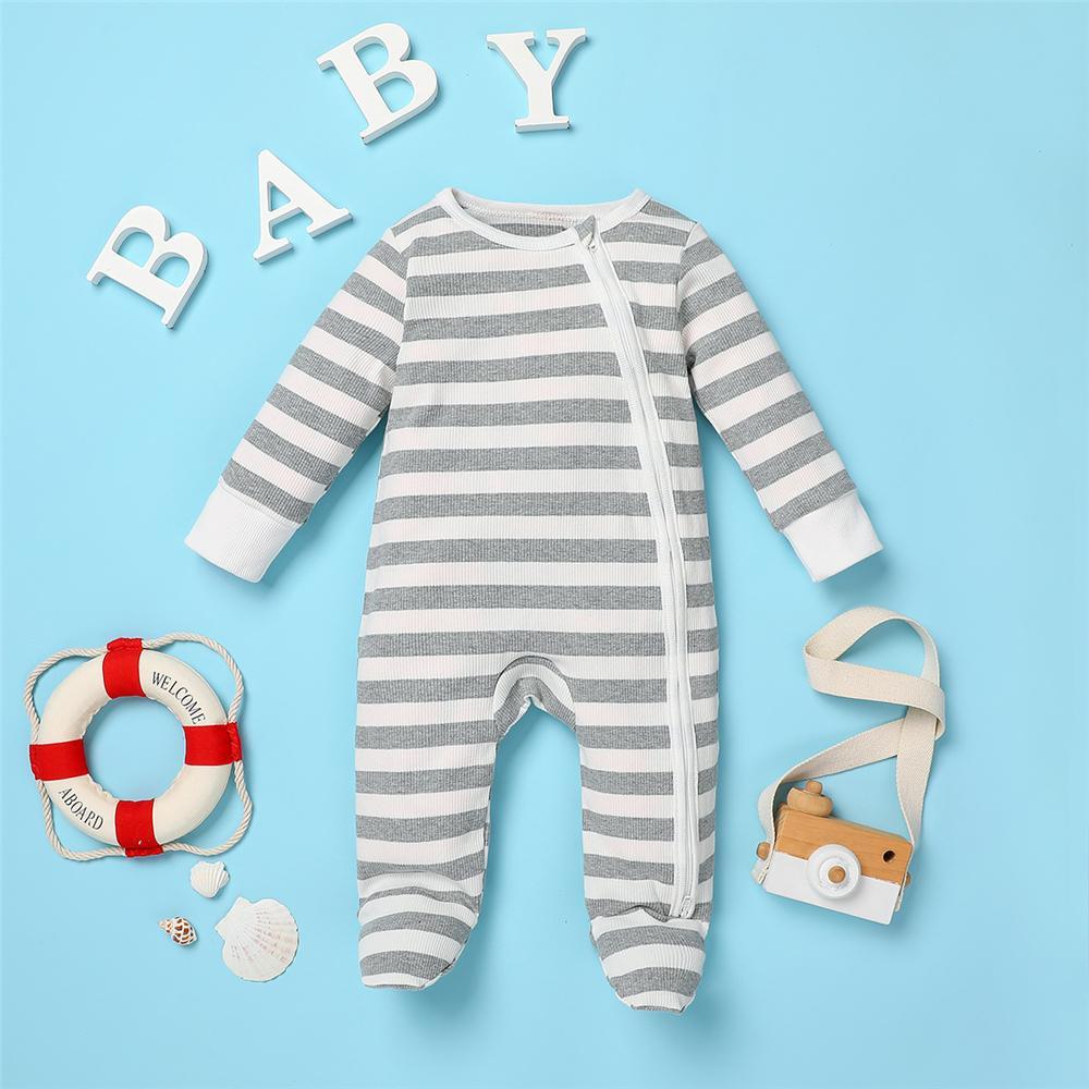 Baby Zipper Striped Long Sleeve Romper Baby Clothing Cheap Wholesale - PrettyKid