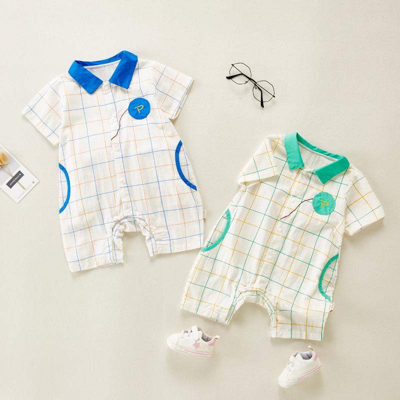 Baby Boy Plaid Contrast Colored Lapel Bodysuit - PrettyKid