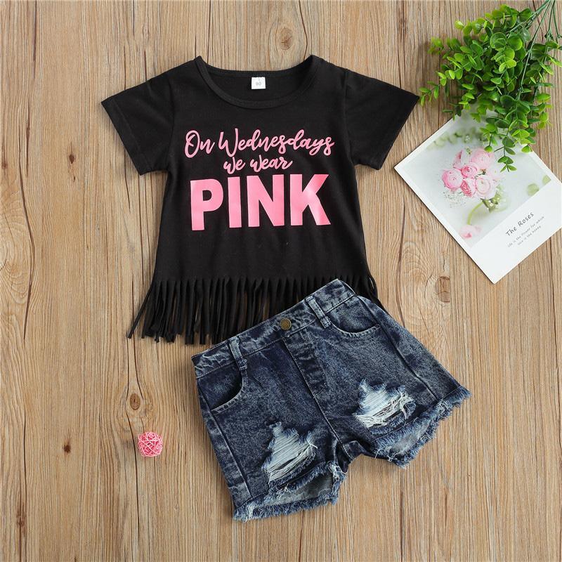 Toddler Girl Letter Print T-Shirt & Ripped Shorts Children's Clothing - PrettyKid