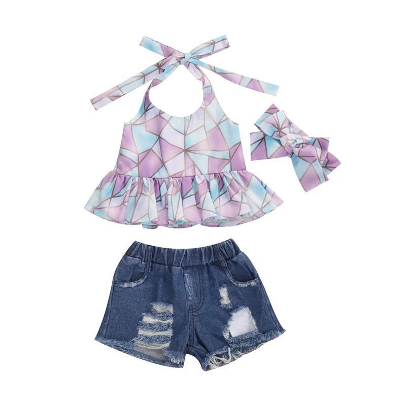 Grow Boy Geometric Pattern Top & Denim Shorts & Headband - PrettyKid