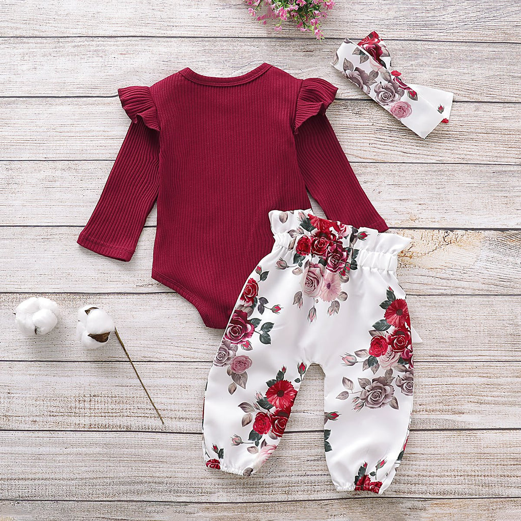 3-Piece Long-Sleeve Ruffled Bodysuit, Floral Pants and Headband Children's clothing wholesale - PrettyKid