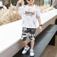 Kid Boy Letter Cartoon Pattern Top & Camouflage Shorts - PrettyKid