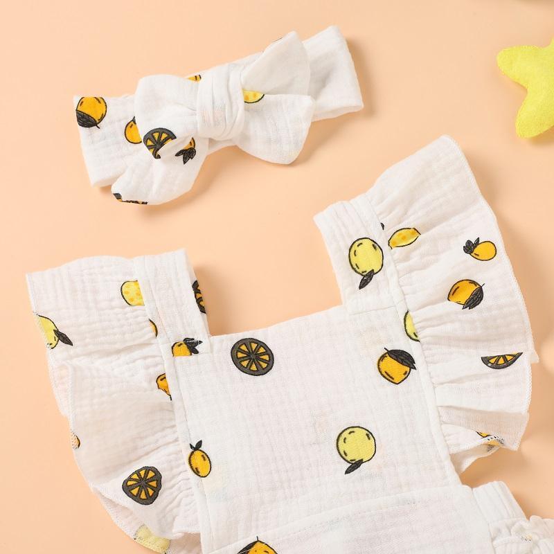 Baby Girl Lemon Print Ruffle Armhole Bodysuit & Headband Children's Clothing - PrettyKid