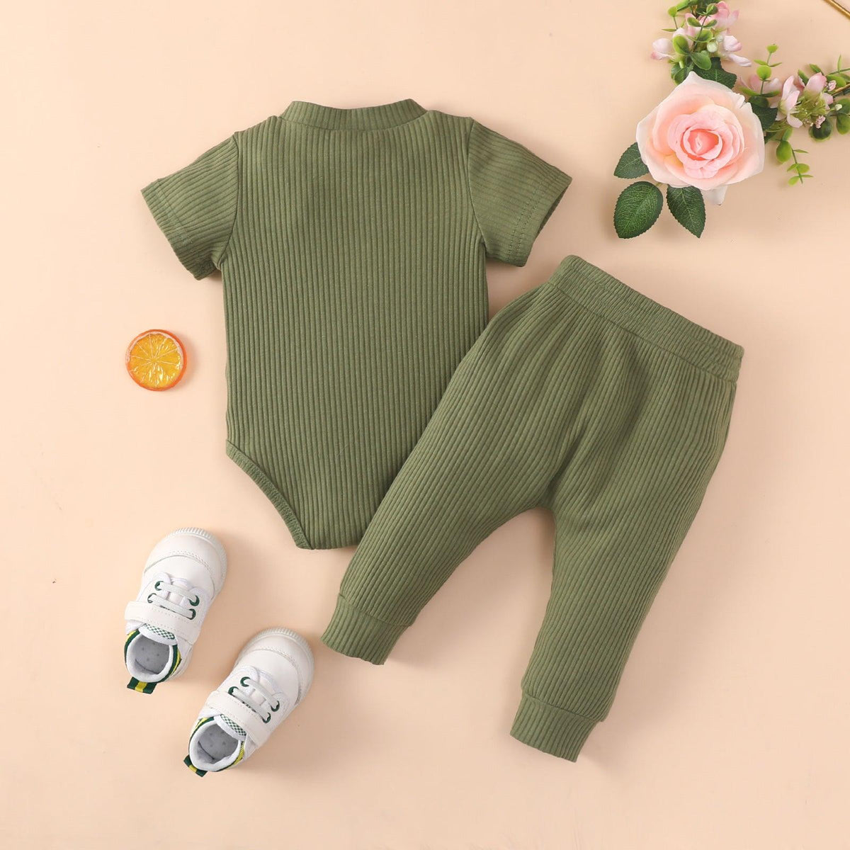 Baby Boy Short-Sleeve Solid Ribbed Bodysuit And Trousers Baby Outfit Sets - PrettyKid