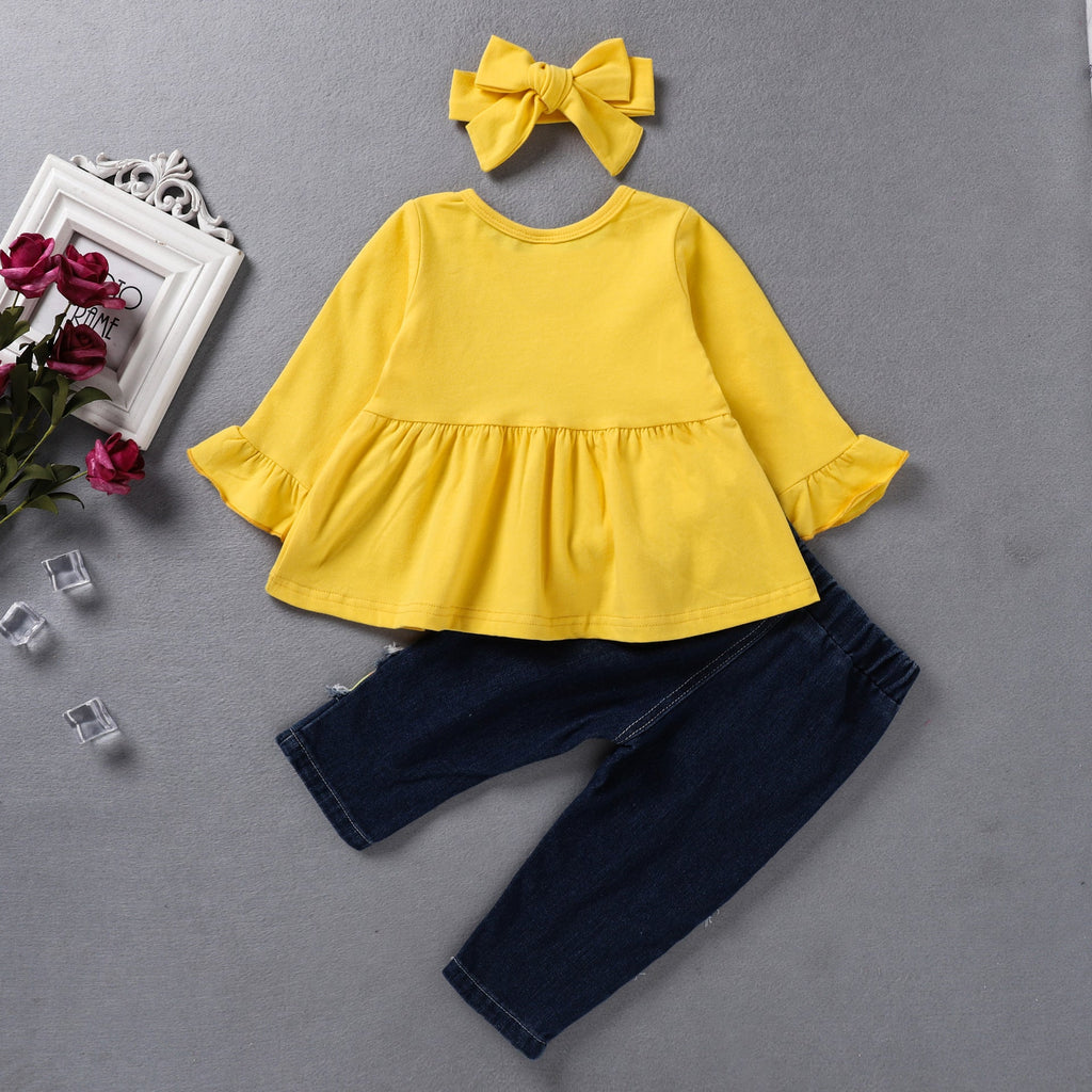 18months-6years Toddler Girl 3-Piece Set Long-Sleeved Tops & Ripped Denim Trousers & Hair Accessories Wholesale Little Girl Clothing - PrettyKid