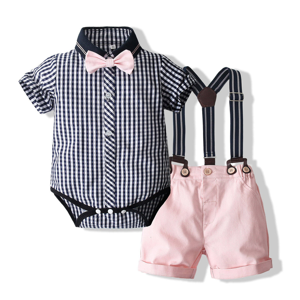 Baby Boy Suit Set Plaid Bowtie Shirts & Suspender Shorts Wholesale Baby Clothes - PrettyKid