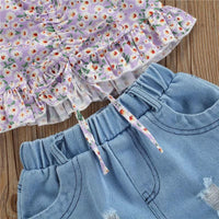 Toddler Girl Puff Sleeve Floral Top & Ripped Denim Shorts - PrettyKid