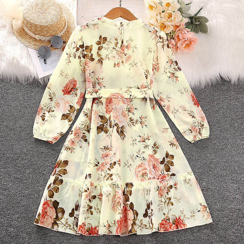 7-12Y Kids Girls Floral Print Belted Long Sleeve Princess Dress Wholesale Girls Fashion Clothes - PrettyKid