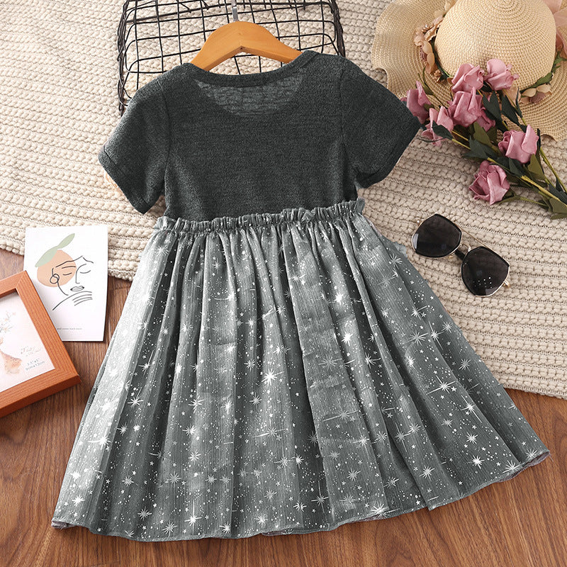 18M-6years Toddler Bow Star Sequin Mesh Splicing Short Sleeve Cute Dresses For Girls Wholesale Girls Clothes - PrettyKid