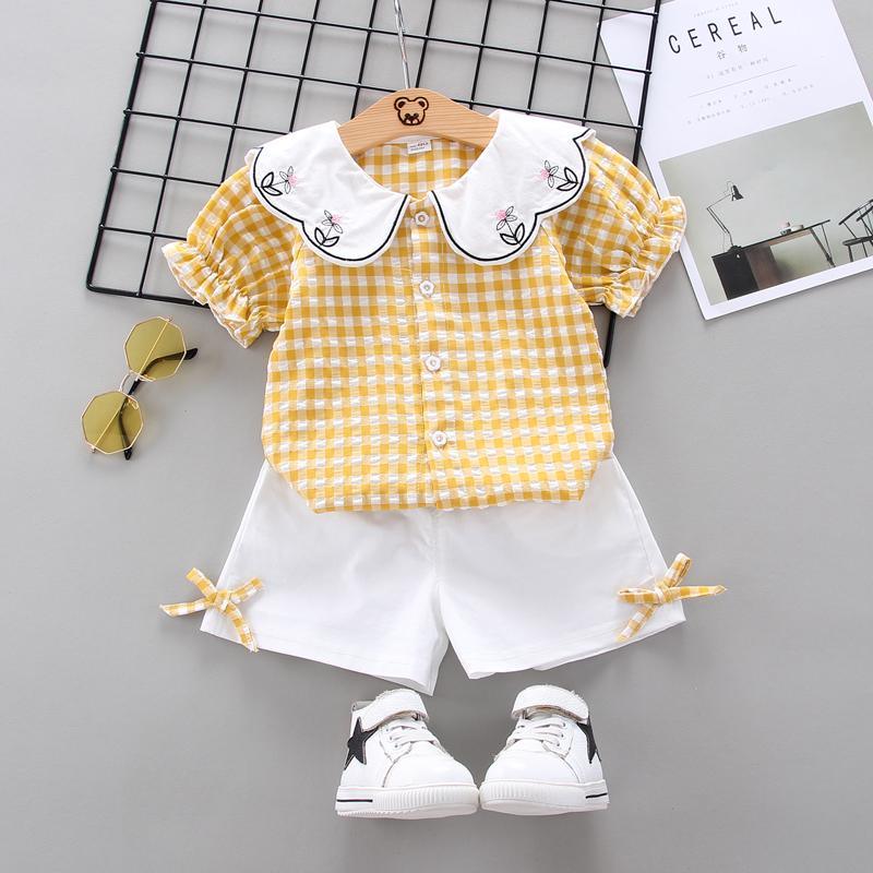 Toddler Girl Irregular Collar Check Top & Bow Element Shorts Wholesale Children's Clothing - PrettyKid