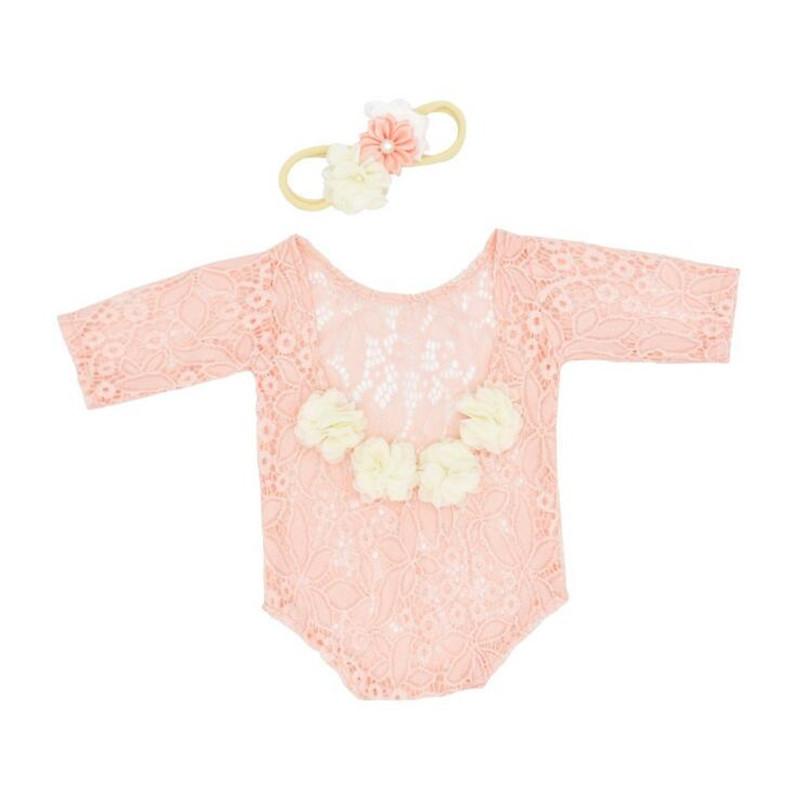 Baby Girls Skin Friendly Lace Long Sleeved Jumpsuit Hairband Set - PrettyKid
