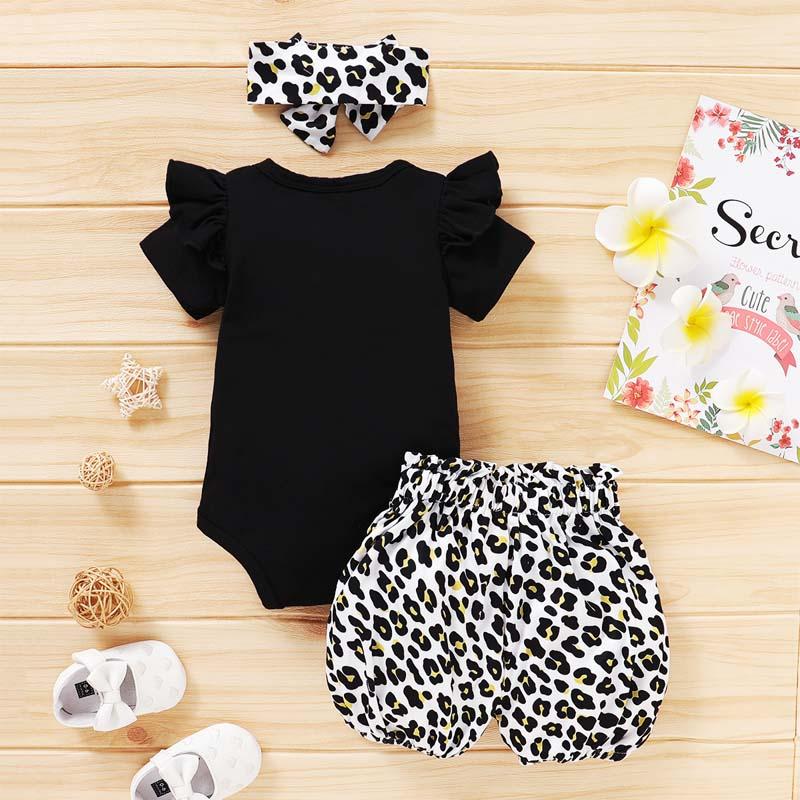 3-piece Letter Pattern Bodysuit & Shorts & Headband for Baby Girl - PrettyKid